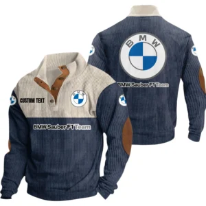 BMW F1 Exclusive Logo Knitted Ribbed Corduroy Sweatshirt Mid Stretch Stand Collar Pullover Sweater, Custom Text HG130325Y32RCSCT1BMW