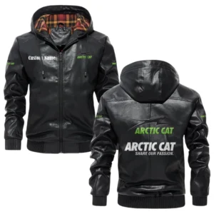 Arctic Cat Exclusive Logo Hooded Jacket PU Leather x Durable Windproof Warm Soft Checkered Lining, Custom Name HG280325Y47JHLCT1ARC
