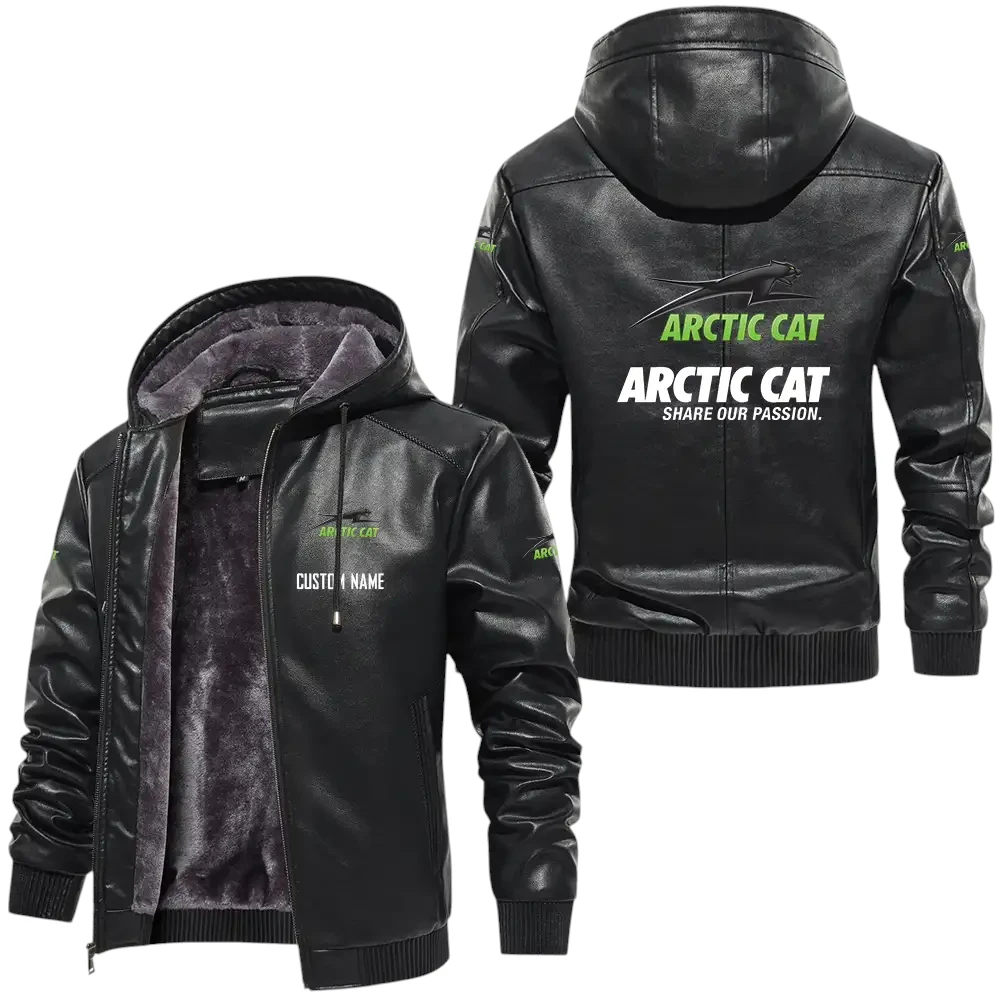 Arctic Cat PU Leather Hooded Jacket, Mens Durable Windproof Keep Warm Soft Velvet Lined Jacket, Custom Name HG030325Y24LJHARC Arctic Cat PU Leather Hooded Jacket, Mens Durable Windproof Keep Warm Soft Velvet Lined Jacket, Custom Name HG030325Y24LJHARC