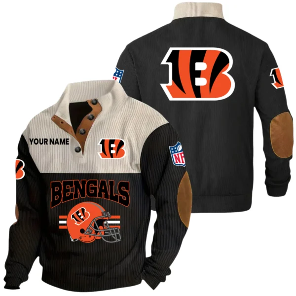 Cincinnati Bengals Knitted Ribbed Corduroy Sweatshirt Mid Stretch Stand Collar Pullover Sweater, Custom Name