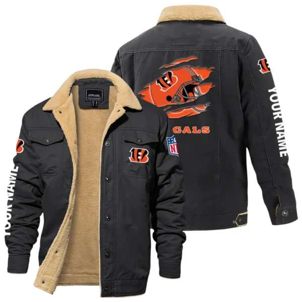 Cincinnati Bengals Fleece Lined Thick Jacket With Fur Lapel Collar Custom Name