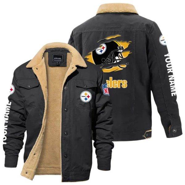 Pittsburgh Steelers Fleece Lined Thick Jacket With Fur Lapel Collar Custom Name
