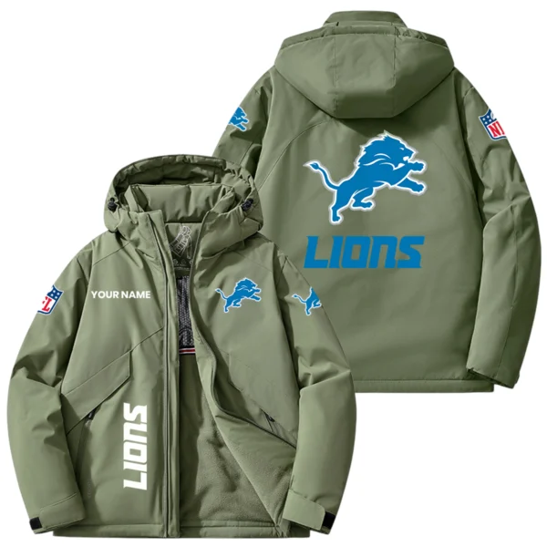 Detroit Lions Hooded Puffer Jacket Fleece-Lined Custom Name