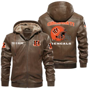 Cincinnati Bengals PU Leather Hooded Jacket Soft Velvet Lined Jacket Custom Name