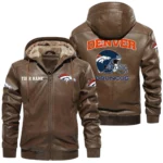 Denver Broncos PU Leather Hooded Jacket Soft Velvet Lined Jacket Custom Name