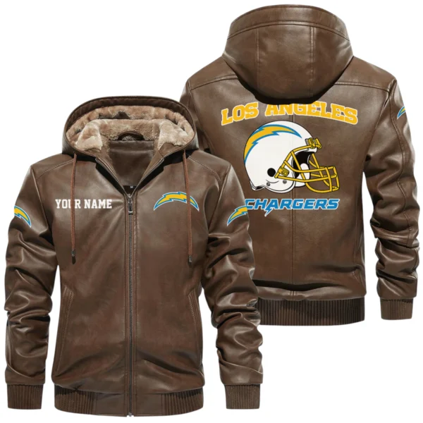 Los Angeles Chargers PU Leather Hooded Jacket Soft Velvet Lined Jacket Custom Name