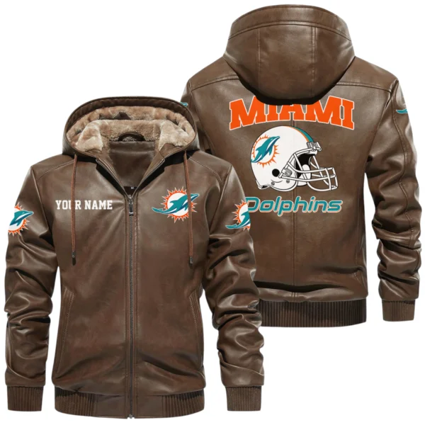 Miami Dolphins PU Leather Hooded Jacket Soft Velvet Lined Jacket Custom Name