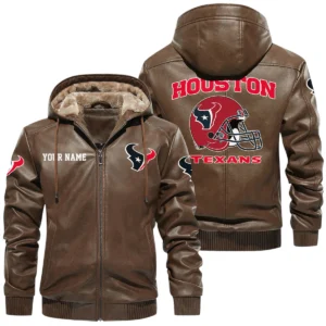 Houston Texans PU Leather Hooded Jacket Soft Velvet Lined Jacket Custom Name