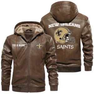 New Orleans Saints PU Leather Hooded Jacket Soft Velvet Lined Jacket Custom Name
