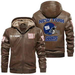 New York Giants PU Leather Hooded Jacket Soft Velvet Lined Jacket Custom Name