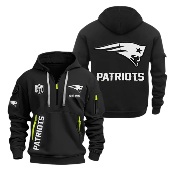 New England Patriots Half Zip Hoodie Sports Hooded Multi-Pocket, Custom Name