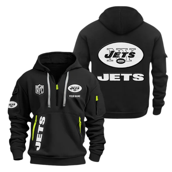 New York Jets Half Zip Hoodie Sports Hooded Multi-Pocket, Custom Name