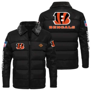 Cincinnati Bengals Puffer Jacket Fur Collar Leather Patchwork Custom Name