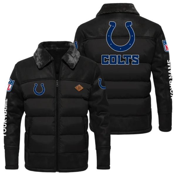 Indianapolis Colts Puffer Jacket Fur Collar Leather Patchwork Custom Name