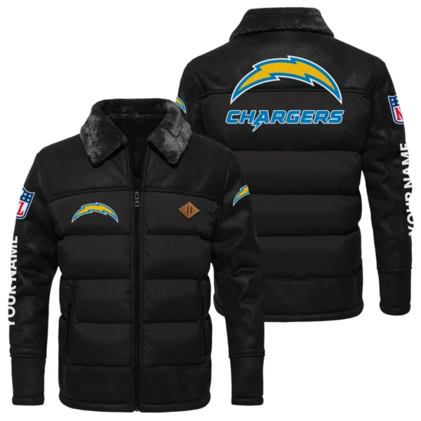 Los Angeles Chargers Puffer Jacket Fur Collar Leather Patchwork Custom Name