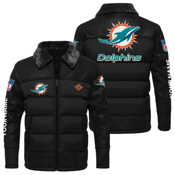 Miami Dolphins Puffer Jacket Fur Collar Leather Patchwork Custom Name