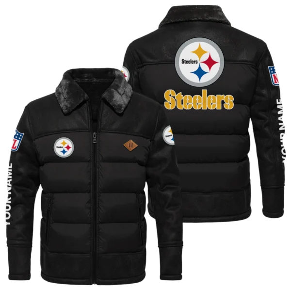 Pittsburgh Steelers Puffer Jacket Fur Collar Leather Patchwork Custom Name