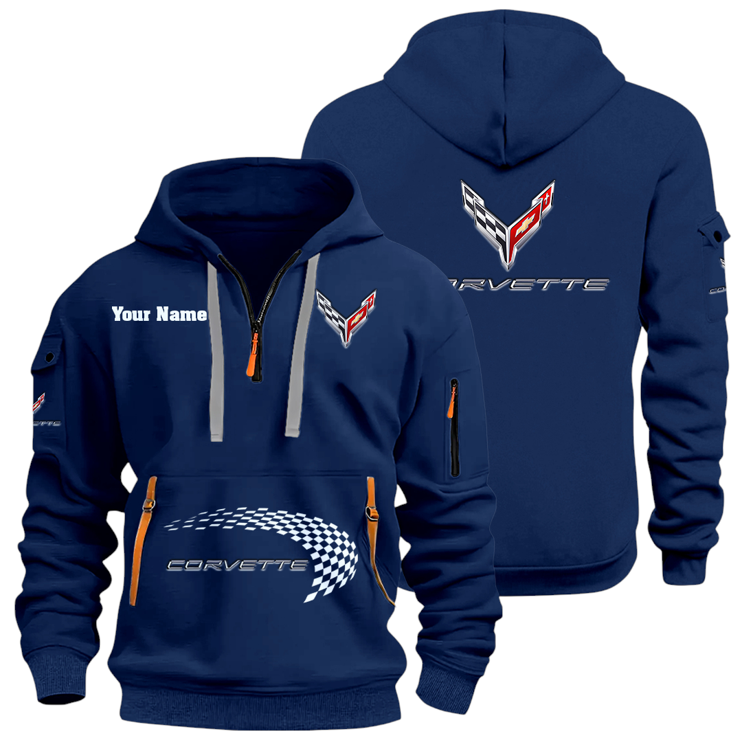 Corvette Half Zip Hoodie Sports Hooded Multi-Pockets Custom Name Corvette Half Zip Hoodie Sports Hooded Multi-Pockets Custom Name