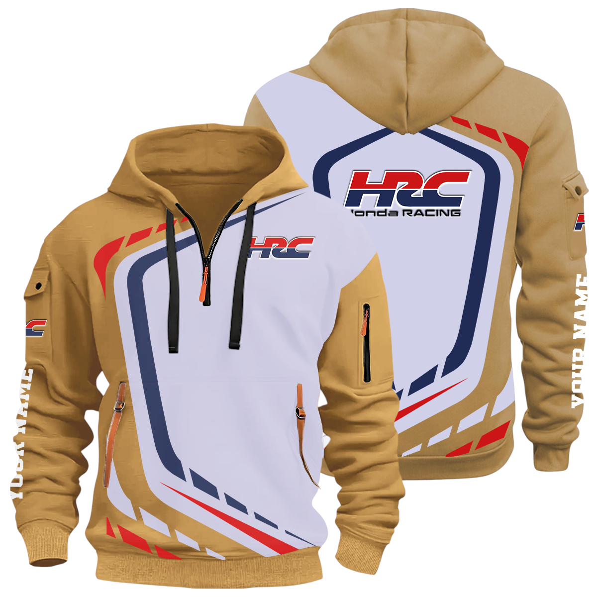 HRC Honda Racing Half Zip Hoodie All Over Prints Multi-Pockets Custom Name HRC Honda Racing Half Zip Hoodie All Over Prints Multi-Pockets Custom Name