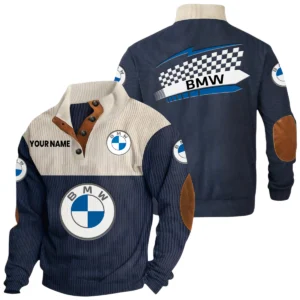 BMW Exclusive Logo Knitted Ribbed Corduroy Sweatshirt Stand Collar Custom Name