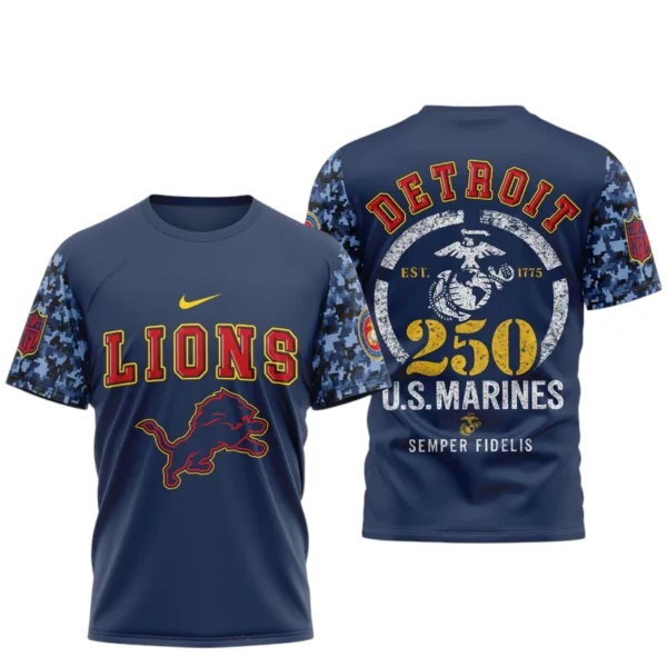 Detroit Lions x US Marines 250th Birthday Semper Fidelis 3D T-Shirt