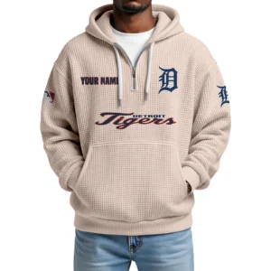 Detroit Tigers Quarter-Zip Waffle Knit Hoodie Custom Your Name