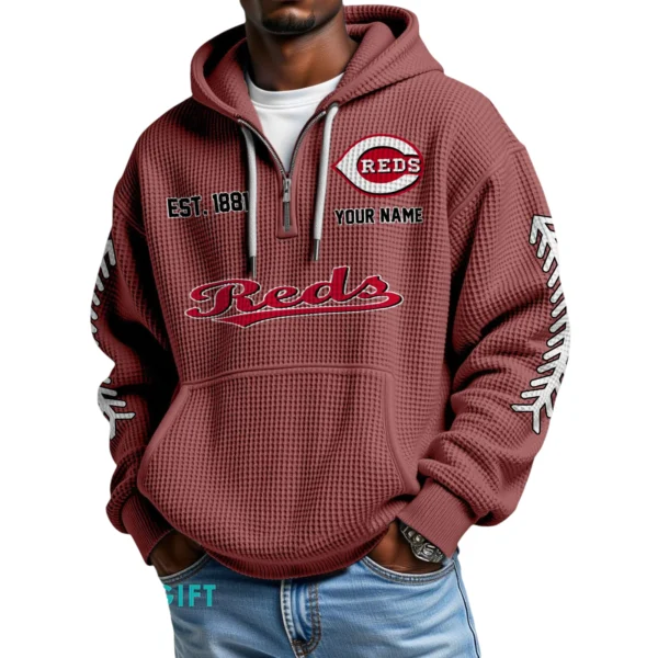 Cincinnati Reds Quarter-Zip Waffle Knit Hoodie Personalize Name