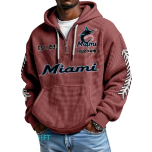 Miami Marlins Quarter-Zip Waffle Knit Hoodie Personalize Name
