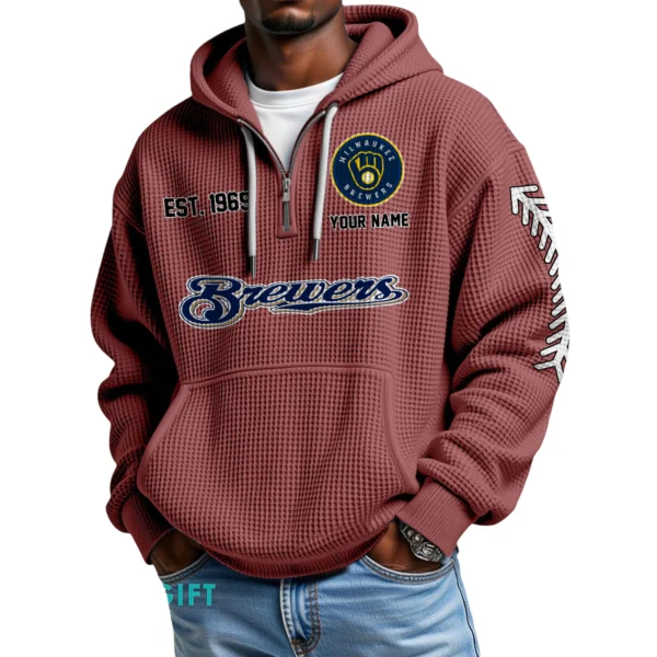 Milwaukee Brewers Quarter-Zip Waffle Knit Hoodie Personalize Name