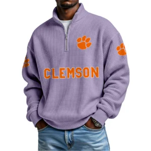 Clemson Tigers Mens Quarter Zip Waffle Knit Pullover Top Long Sleeve
