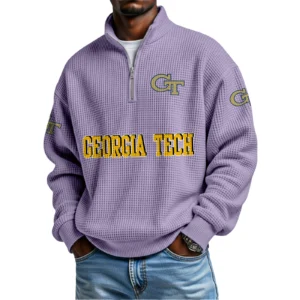 Georgia Tech Yellow Jackets Mens Quarter Zip Waffle Knit Pullover Top Long Sleeve