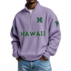 Hawaii Rainbow Warriors Mens Quarter Zip Waffle Knit Pullover Top Long Sleeve