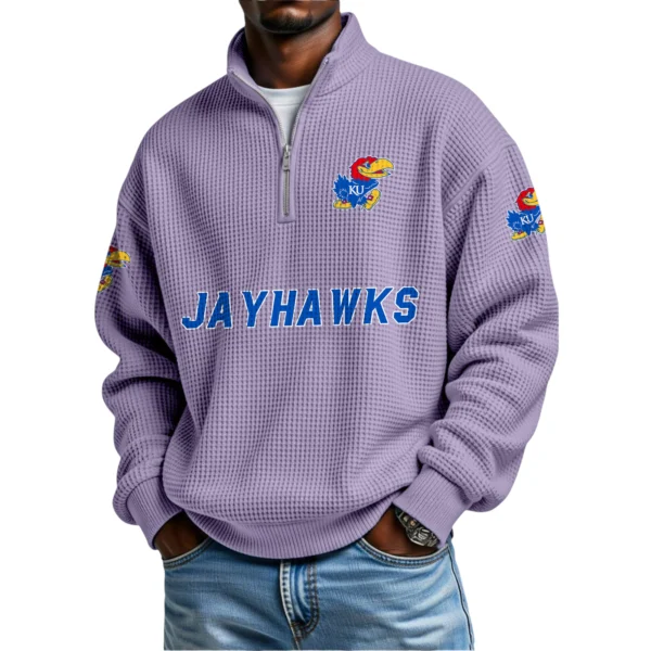 Kansas Jayhawks Mens Quarter Zip Waffle Knit Pullover Top Long Sleeve