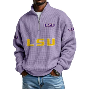 LSU Tigers Mens Quarter Zip Waffle Knit Pullover Top Long Sleeve