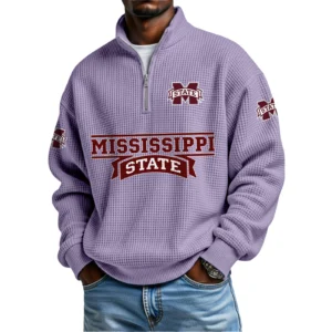 Mississippi State Bulldogs Mens Quarter Zip Waffle Knit Pullover Top Long Sleeve