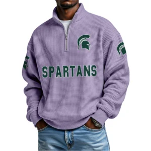 Michigan State Spartans Mens Quarter Zip Waffle Knit Pullover Top Long Sleeve