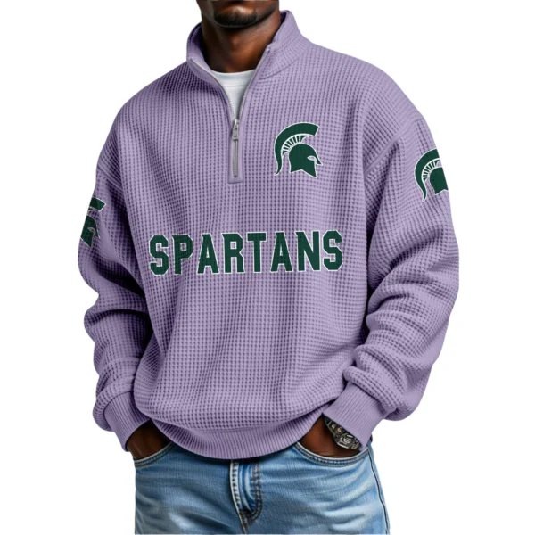 Michigan State Spartans Mens Quarter Zip Waffle Knit Pullover Top Long Sleeve