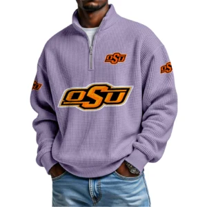 Oklahoma State Cowboys Mens Quarter Zip Waffle Knit Pullover Top Long Sleeve