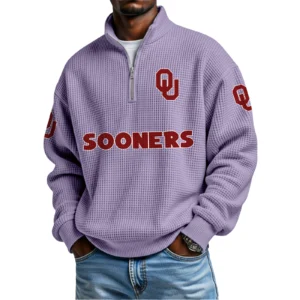 Oklahoma Sooners Mens Quarter Zip Waffle Knit Pullover Top Long Sleeve