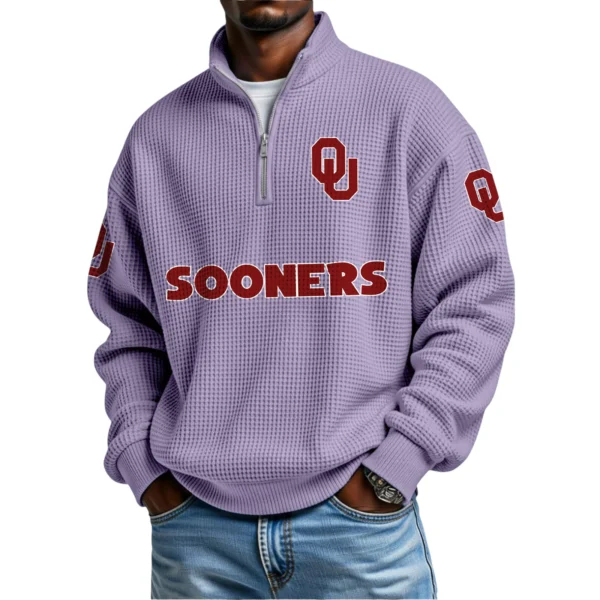 Oklahoma Sooners Mens Quarter Zip Waffle Knit Pullover Top Long Sleeve