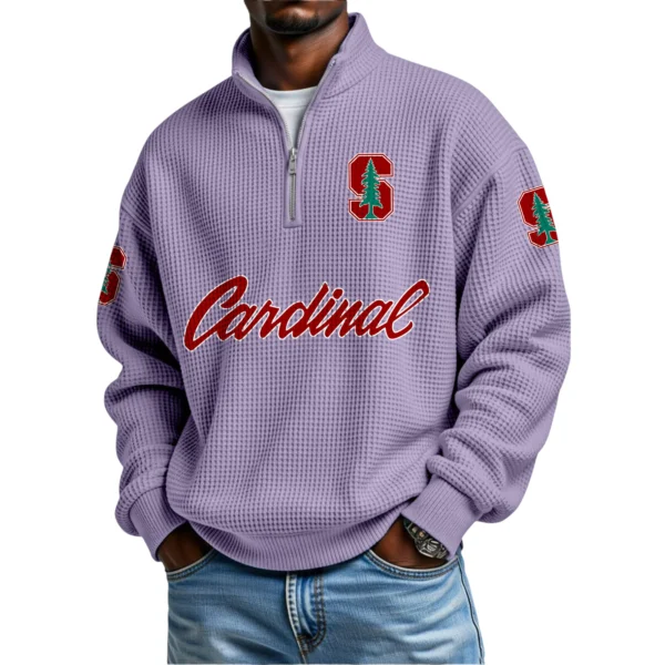 Stanford Cardinal Mens Quarter Zip Waffle Knit Pullover Top Long Sleeve