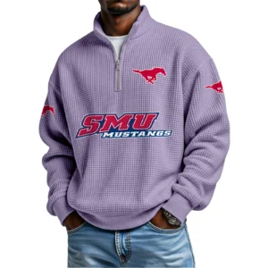 SMU Mustangs Mens Quarter Zip Waffle Knit Pullover Top Long Sleeve