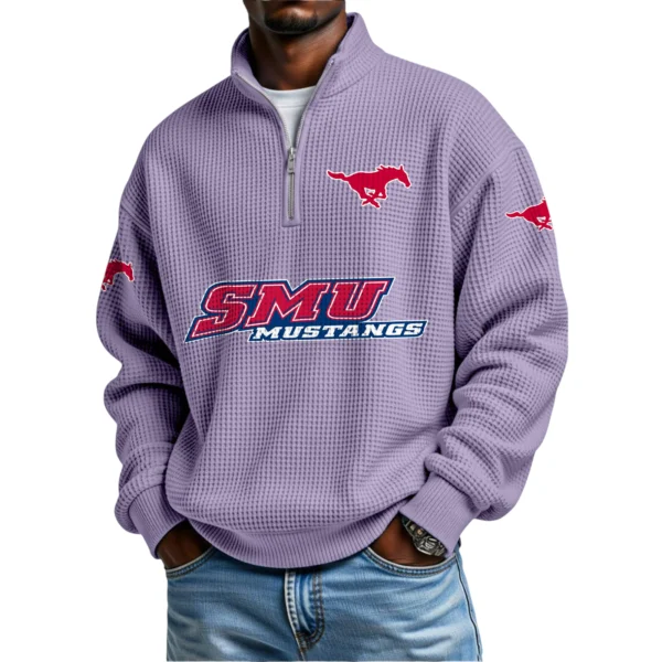 SMU Mustangs Mens Quarter Zip Waffle Knit Pullover Top Long Sleeve