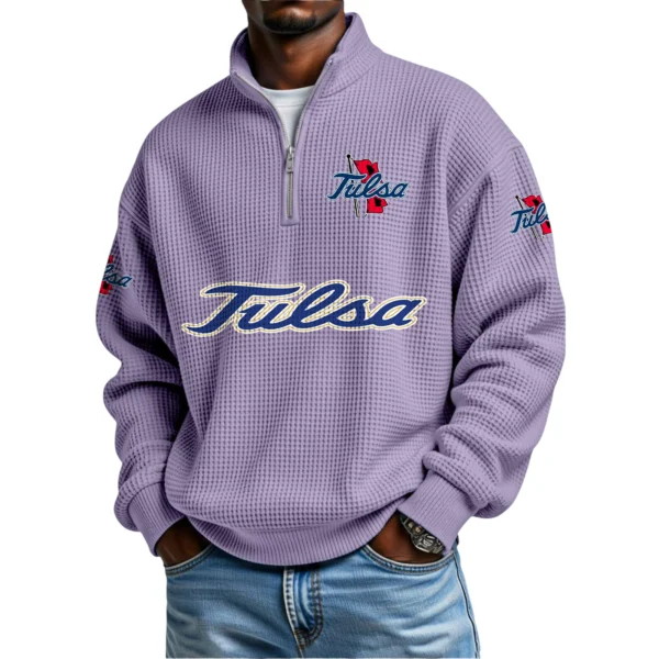 Tulsa Golden Hurricane Mens Quarter Zip Waffle Knit Pullover Top Long Sleeve