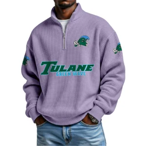 Tulane Green Wave Mens Quarter Zip Waffle Knit Pullover Top Long Sleeve