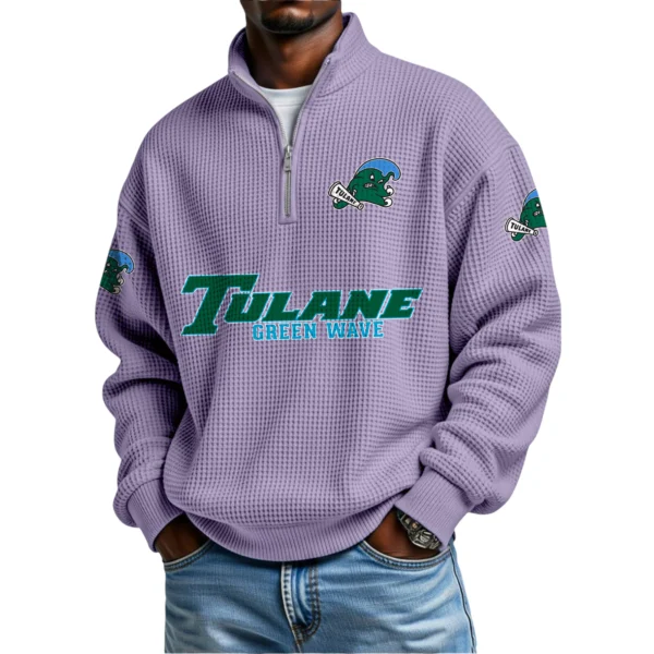 Tulane Green Wave Mens Quarter Zip Waffle Knit Pullover Top Long Sleeve