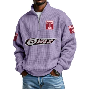 Temple Owls Mens Quarter Zip Waffle Knit Pullover Top Long Sleeve