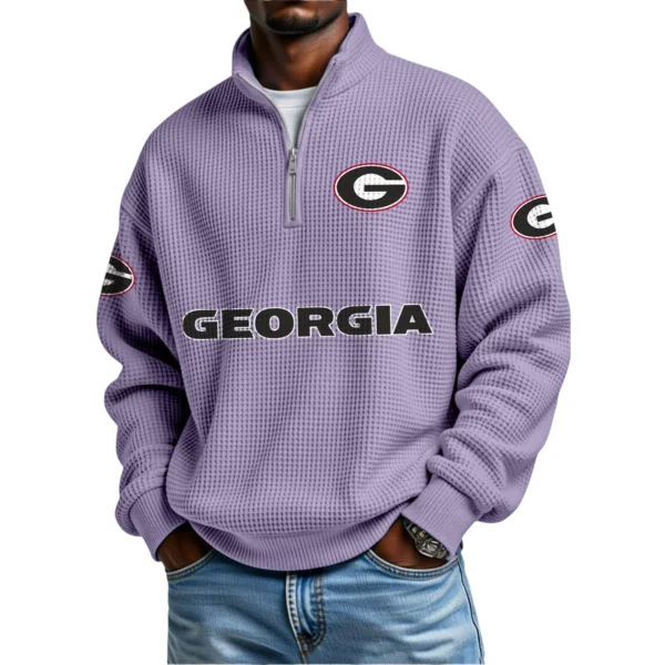 Georgia Bulldogs Mens Quarter Zip Waffle Knit Pullover Top Long Sleeve