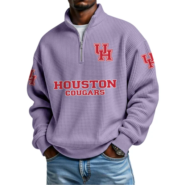 Houston Cougars Mens Quarter Zip Waffle Knit Pullover Top Long Sleeve
