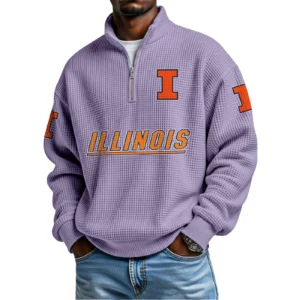 Illinois Fighting Illini Mens Quarter Zip Waffle Knit Pullover Top Long Sleeve